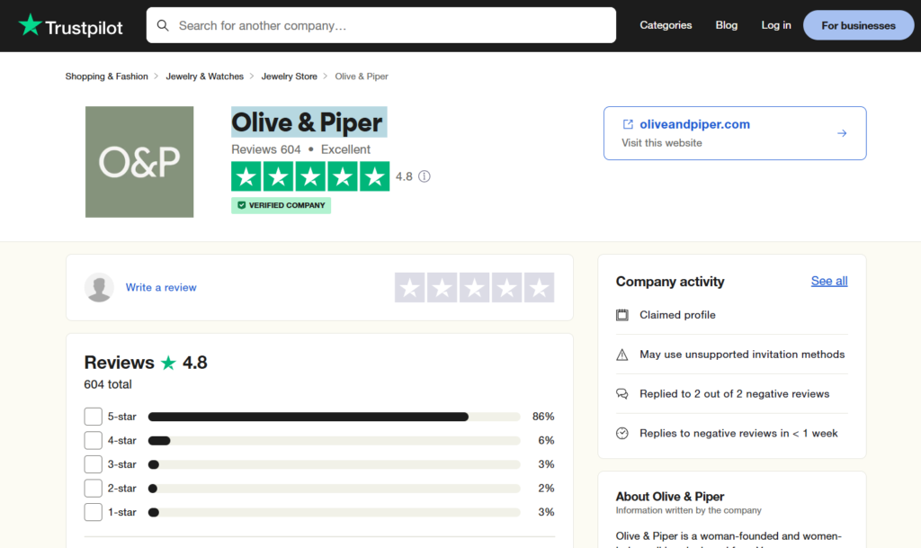 Olive and Piper Trustpilot reviews