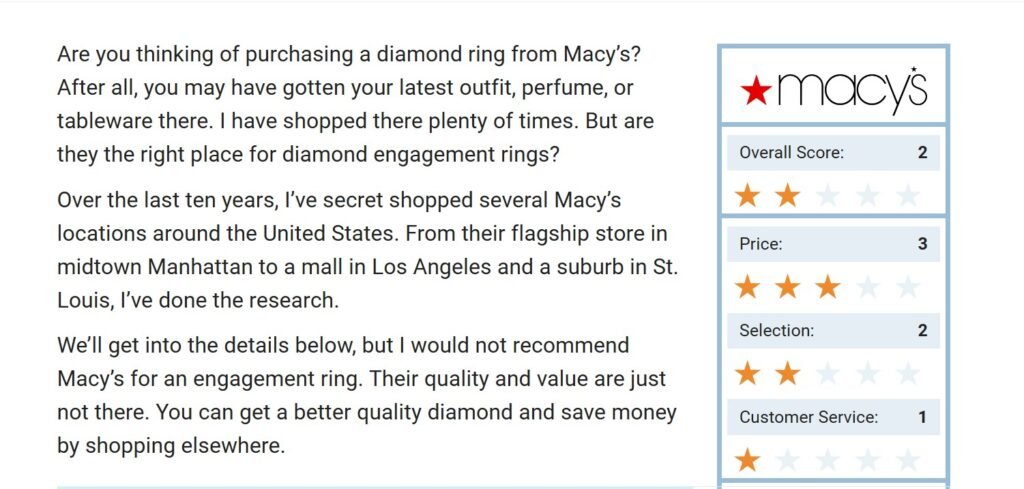 Mecy's Jewelry review on Diamond's pro