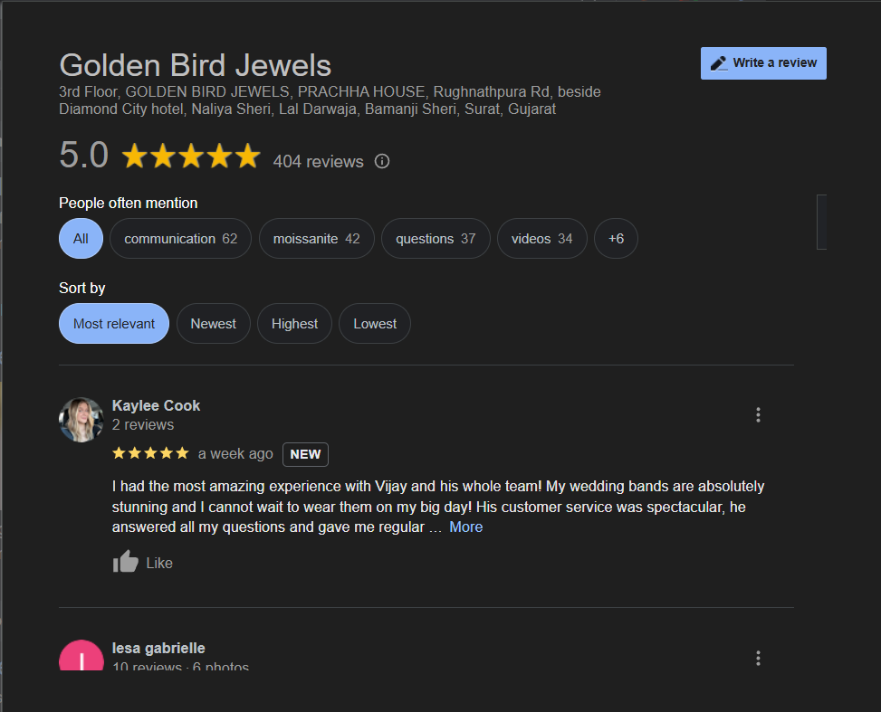 Golden Bird Jewels reviews on Google