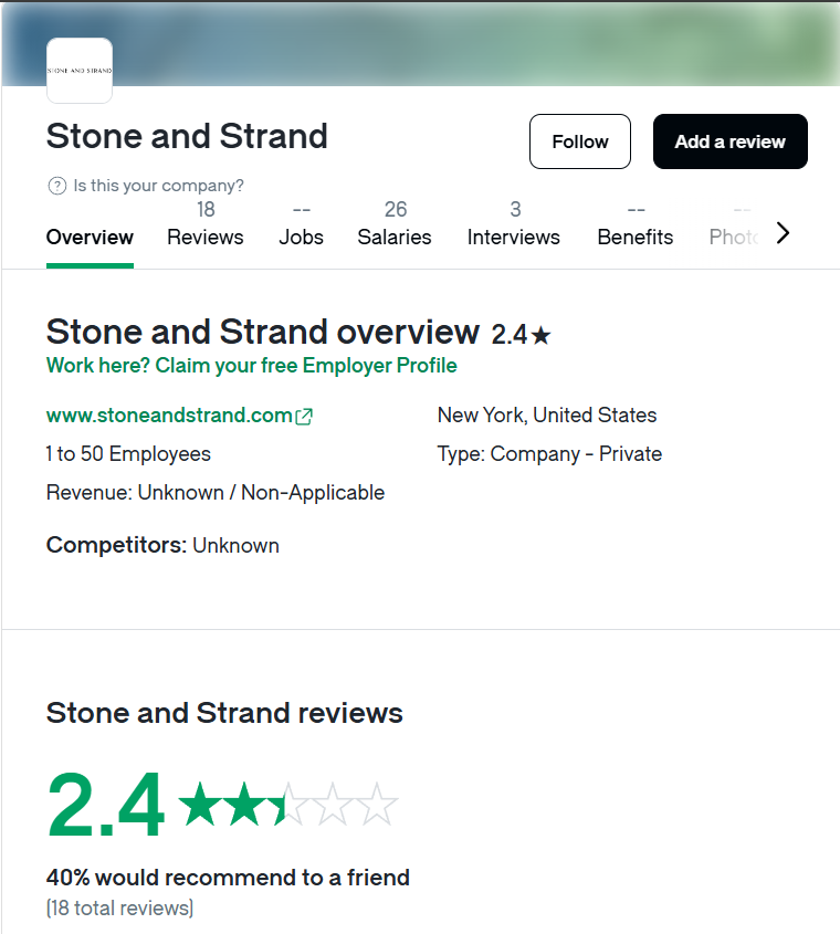 Stone and Strand reviews on Glassdoor