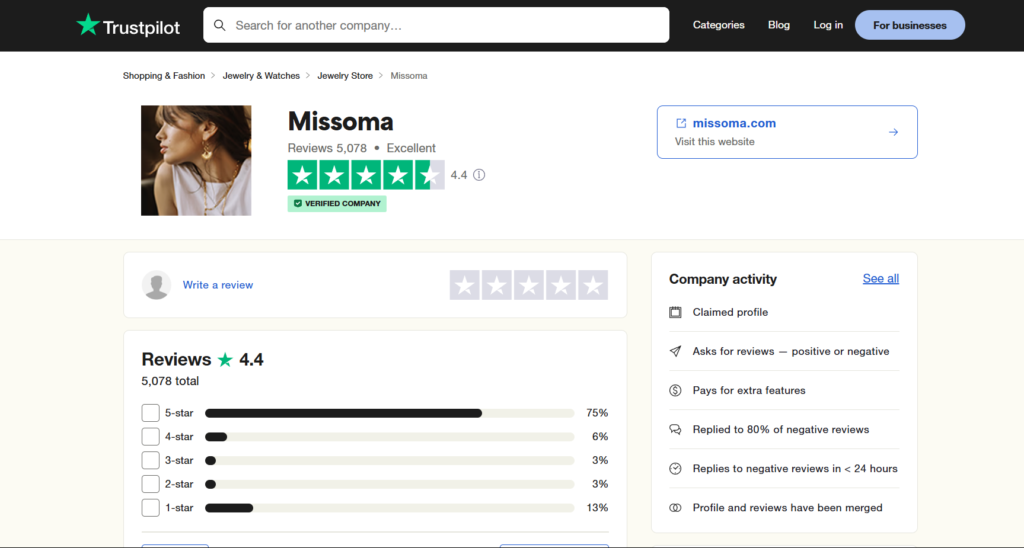 Missoma reviews on Trustpilot