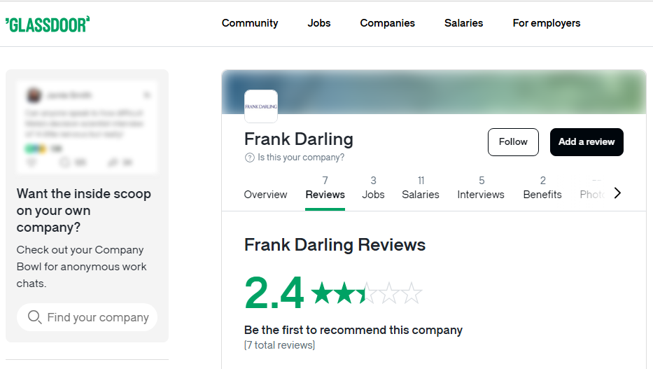 Frank Darling Review On Glassdoor