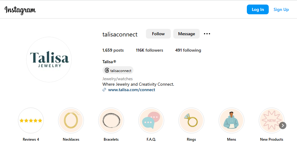 Talisa Jewelry Instagram Profile