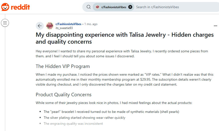 Talisa jewelry reviews on Reddit