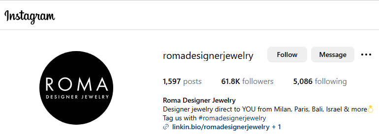 Roma Designer Jewelry Instagram Profile
