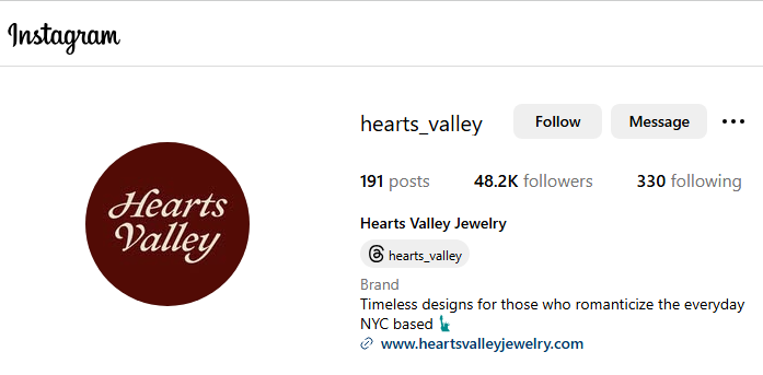 Hearts Valley Jewelry Instagram Profile