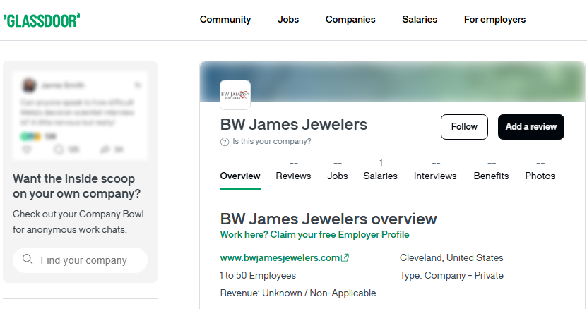 BW James Jewelers Review On GlassDoor