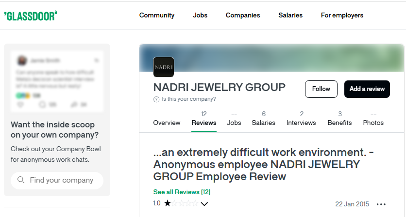Nadri Jewelry Review On GlassDoor