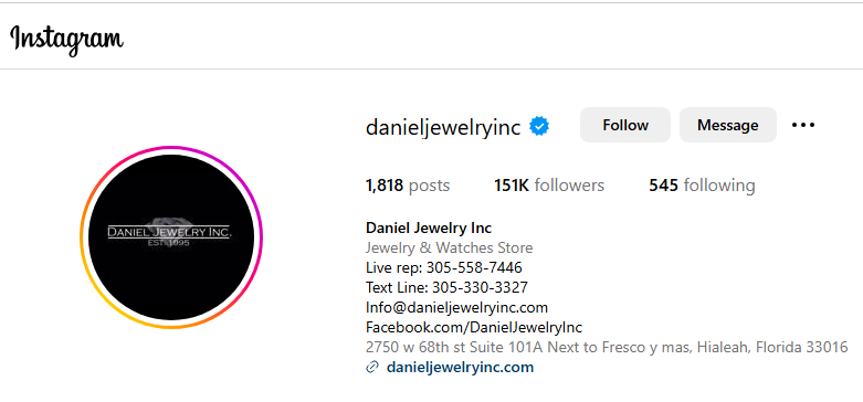 Daniel Jewelry Inc Instagram Profile
