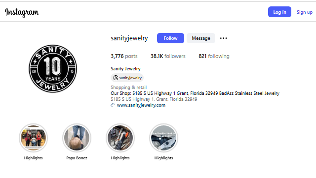Sanity Jewelry Instagram Profile