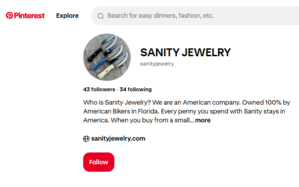 Sanity Jewelry Pinterest Profile