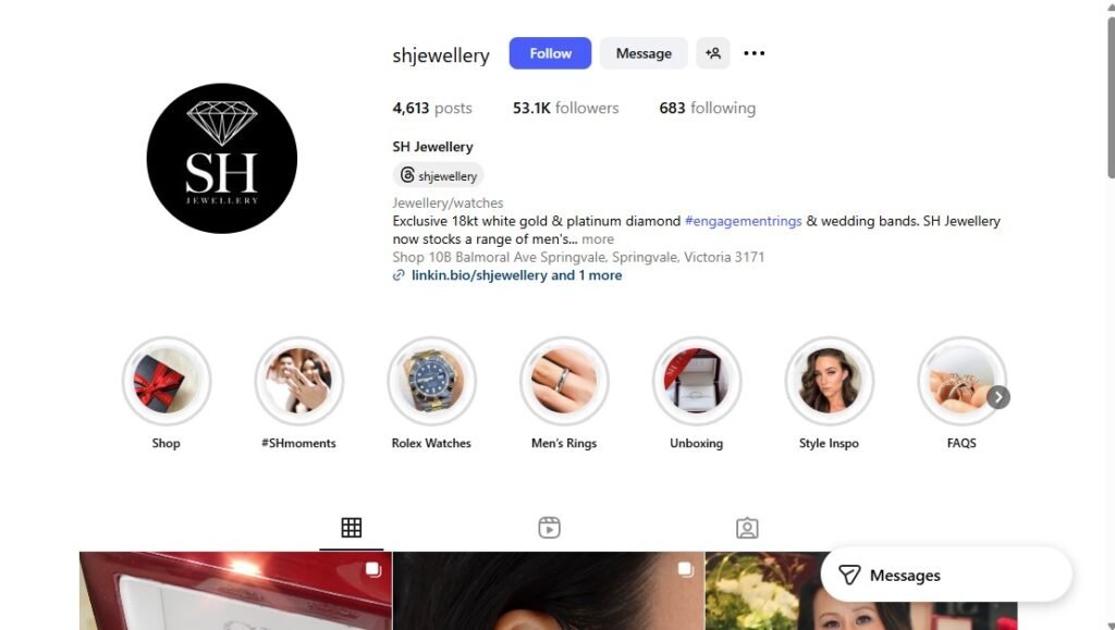 SH Jewellery Instagram Profile